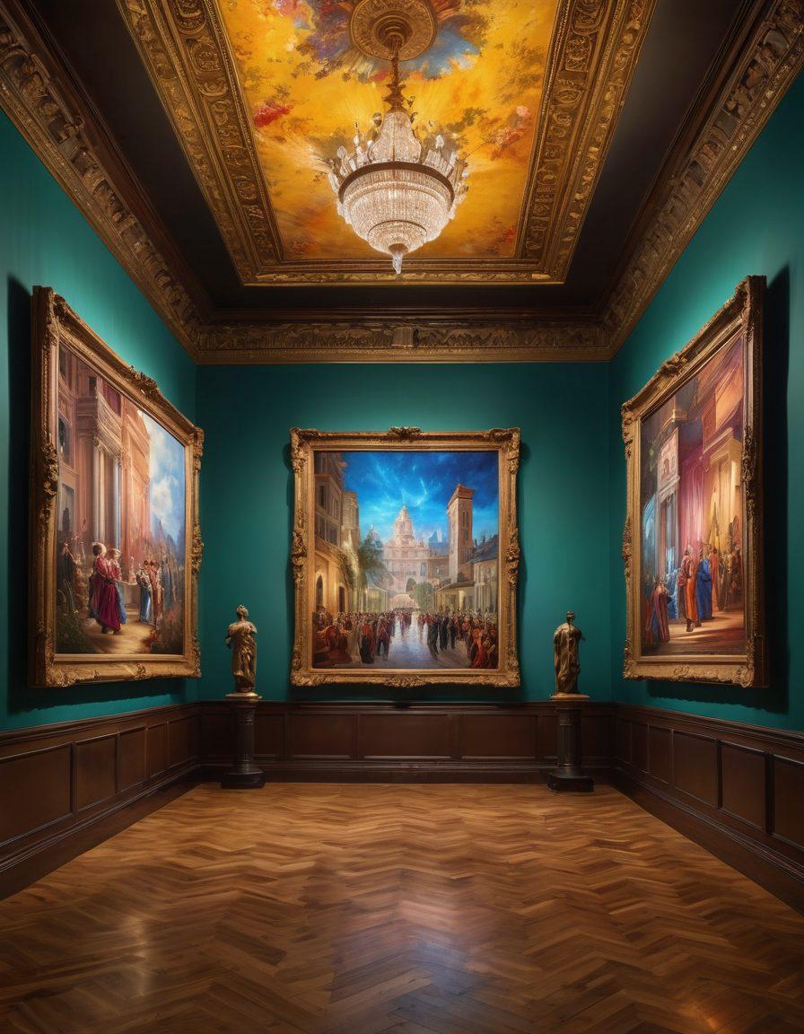 A captivating split scene illustrating the contrast between a vibrant digital art showcase on one side, featuring holographic displays and interactive screens, and a classic traditional art gallery on the other side, adorned with ornate frames and classical paintings. The lighting should reflect a modern atmosphere on one side and a warm, historical glow on the other. Blending the two worlds with artists engaging from both realms. super-realistic. vibrant colors. dynamic composition.
