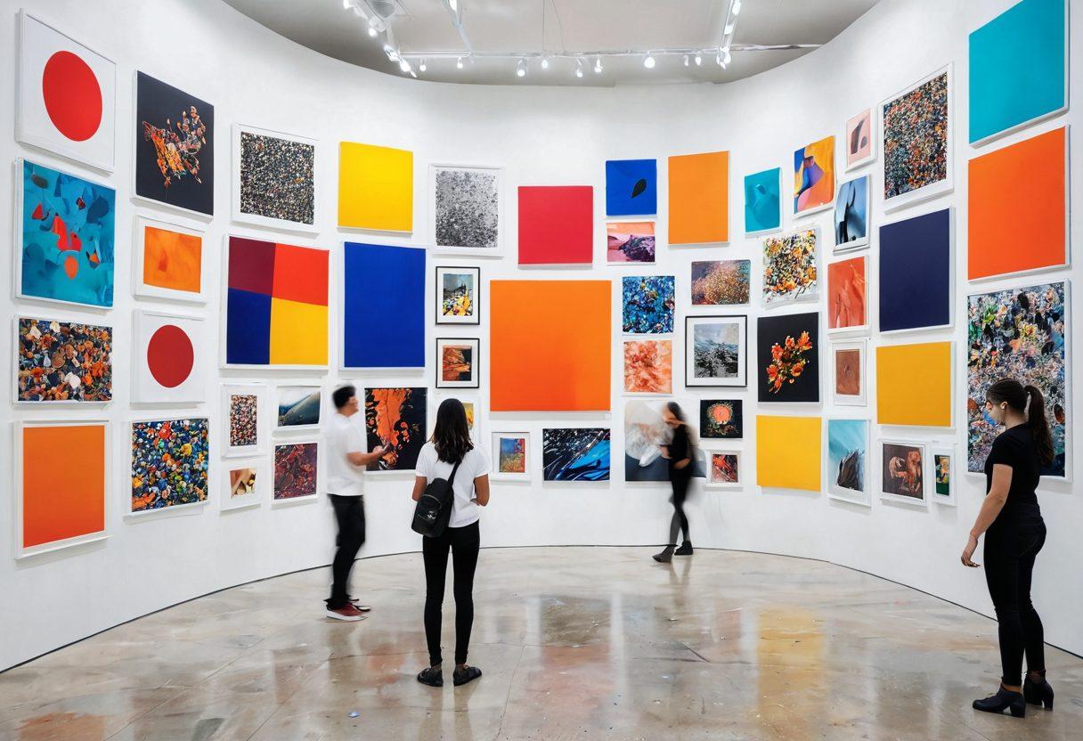 A dynamic collage showcasing various forms of modern art, including vibrant photographs, abstract paintings, and interactive multimedia installations. Include a bustling art gallery atmosphere with diverse visitors engaging with the art pieces. Use bright colors and play with different textures to represent the diversity in artistic expressions. Super-realistic. Vibrant colors. White background.