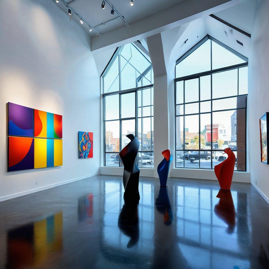 A sleek and modern contemporary gallery interior filled with innovative art installations and sculptures, featuring bright, bold colors and dynamic shapes. Visitors of diverse backgrounds are actively engaging with the exhibits while soft natural light floods through large windows. The atmosphere is vibrant and inspiring, showcasing a fusion of technology and creativity in art. super-realistic. vibrant colors. modern style.